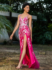 Robe Sirène en Tulle à Lacet et Col en V Fuchsia