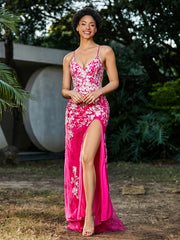 Robe Sirène en Tulle à Lacet et Col en V Fuchsia