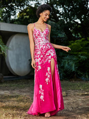 Robe Sirène en Tulle à Lacet et Col en V Fuchsia