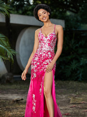 Robe Sirène en Tulle à Lacet et Col en V Fuchsia