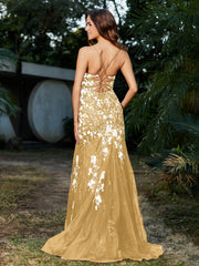 Robe Sirène en Tulle à Lacet et Col en V Or Grande Taille