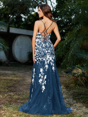 Robe Sirène en Tulle à Lacet et Col en V Bleu Encre Grande Taille
