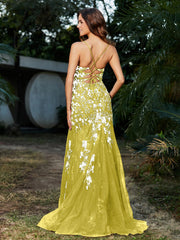 Robe Sirène en Tulle à Lacet et Col en V Citron