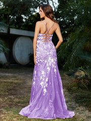 Robe Sirène en Tulle à Lacet et Col en V Lilas