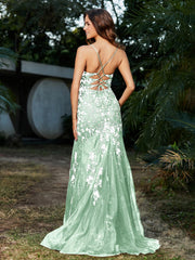 Robe Sirène en Tulle à Lacet et Col en V Vert Menthe