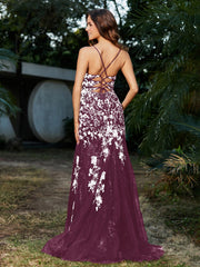 Robe Sirène en Tulle à Lacet et Col en V Mûre