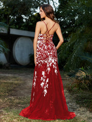 Robe Sirène en Tulle à Lacet et Col en V Rouge Grande Taille