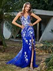 Robe Sirène en Tulle à Lacet et Col en V Bleu Royale Grande Taille