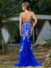Robe Sirène en Tulle à Lacet et Col en V Bleu Royale