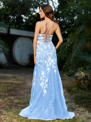 Robe Sirène en Tulle à Lacet et Col en V Bleu Ciel Grande Taille