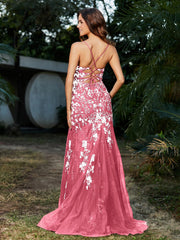 Robe Sirène en Tulle à Lacet et Col en V Pastèque