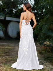 Robe Sirène en Tulle à Lacet et Col en V Blanc