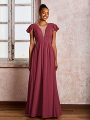 Robe Plissée à Col en V Plongeant avec Manches Flottantes et Ceinture Cannelle Rose