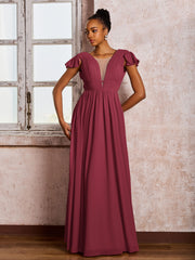 Robe Plissée à Col en V Plongeant avec Manches Flottantes et Ceinture Cannelle Rose