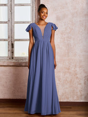 Robe Plissée à Col en V Plongeant avec Manches Flottantes et Ceinture Pervenche