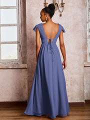 Robe Plissée à Col en V Plongeant avec Manches Flottantes et Ceinture Pervenche