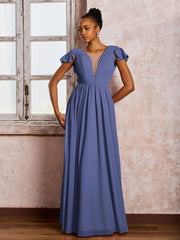 Robe Plissée à Col en V Plongeant avec Manches Flottantes et Ceinture Pervenche