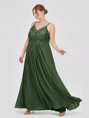 Dentelle Et Mousseline Robes Longues Avec Spaghetti Bretelles Olive Verte Grande Taille