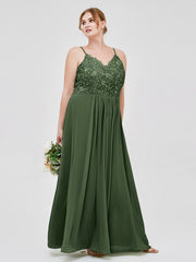 Dentelle Et Mousseline Robes Longues Avec Spaghetti Bretelles Olive Verte Grande Taille