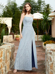 Robe Longue en Dentelle à Encolure Carrée avec Fente Bleu Poudré