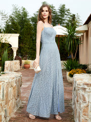 Robe Longue en Dentelle à Encolure Carrée avec Fente Bleu Poudré