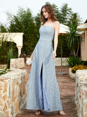 Robe Longue en Dentelle à Encolure Carrée avec Fente Bleu Poudré