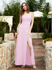 Robe Longue en Dentelle à Encolure Carrée avec Fente Rose Pâle Grande Taille