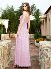 Robe Longue en Dentelle à Encolure Carrée avec Fente Rose Pâle Grande Taille