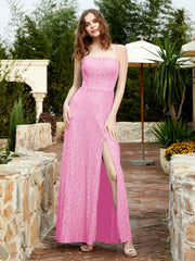 Robe Longue en Dentelle à Encolure Carrée avec Fente Rose Bonbon Grande Taille