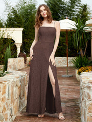 Robe Longue en Dentelle à Encolure Carrée avec Fente Chocolat
