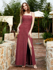 Robe Longue en Dentelle à Encolure Carrée avec Fente Cannelle Rose