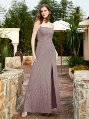 Robe Longue en Dentelle à Encolure Carrée avec Fente Dusk