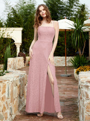 Robe Longue en Dentelle à Encolure Carrée avec Fente Rose Poudré Grande Taille