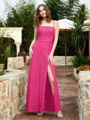 Robe Longue en Dentelle à Encolure Carrée avec Fente Fuchsia Grande Taille