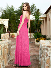 Robe Longue en Dentelle à Encolure Carrée avec Fente Fuchsia Grande Taille
