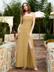 Robe Longue en Dentelle à Encolure Carrée avec Fente Or Grande Taille
