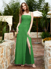 Robe Longue en Dentelle à Encolure Carrée avec Fente Vert Grande Taille