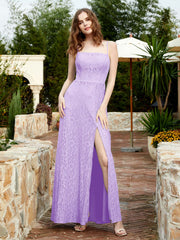 Robe Longue en Dentelle à Encolure Carrée avec Fente Lilas
