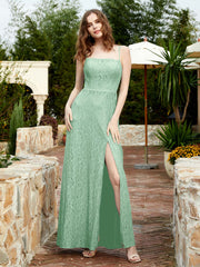 Robe Longue en Dentelle à Encolure Carrée avec Fente Vert Menthe Grande Taille