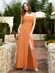 Robe Longue en Dentelle à Encolure Carrée avec Fente Orange Grande Taille