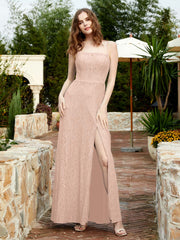 Robe Longue en Dentelle à Encolure Carrée avec Fente Rose Perle Grande Taille