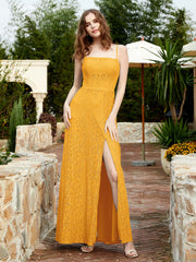 Robe Longue en Dentelle à Encolure Carrée avec Fente Mandarine
