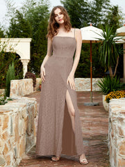 Robe Longue en Dentelle à Encolure Carrée avec Fente Taupe Grande Taille