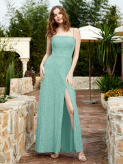 Robe Longue en Dentelle à Encolure Carrée avec Fente Turquoise Grande Taille