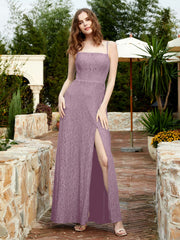 Robe Longue en Dentelle à Encolure Carrée avec Fente Vintage Mauve Grande Taille