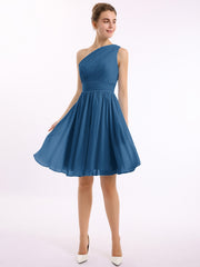 Une Épaule Mini Court Mousseline Robes Bleu Encre