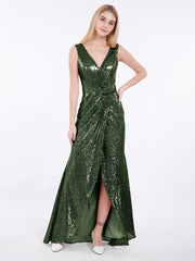 Devant Court Dos Longue Paillettes Robe Olive Verte