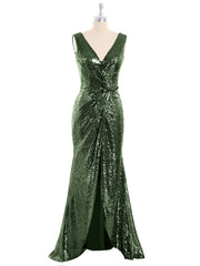 Devant Court Dos Longue Paillettes Robe Olive Verte