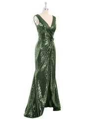 Devant Court Dos Longue Paillettes Robe Olive Verte
