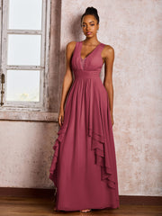 Robe à Col en V Plongeant et Dos Ouvert avec Volants et Jupe en Cascade Cannelle Rose